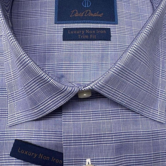 NWT David Donahue plaid luxury non iron trim fit dress shirt blue 15.5 34/35 - Picture 4 of 5
